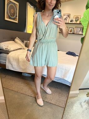 Light Sage V-Neck Tie-Shoulder Romper